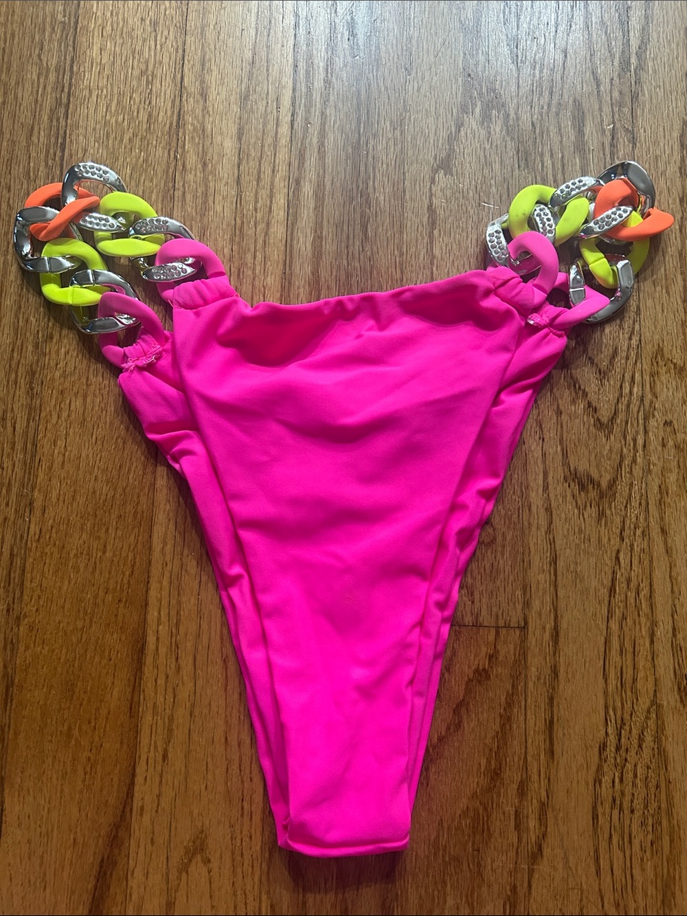 Hot Miami Styles Neon Pink Chain-Detail Bikini Bottom size Medium